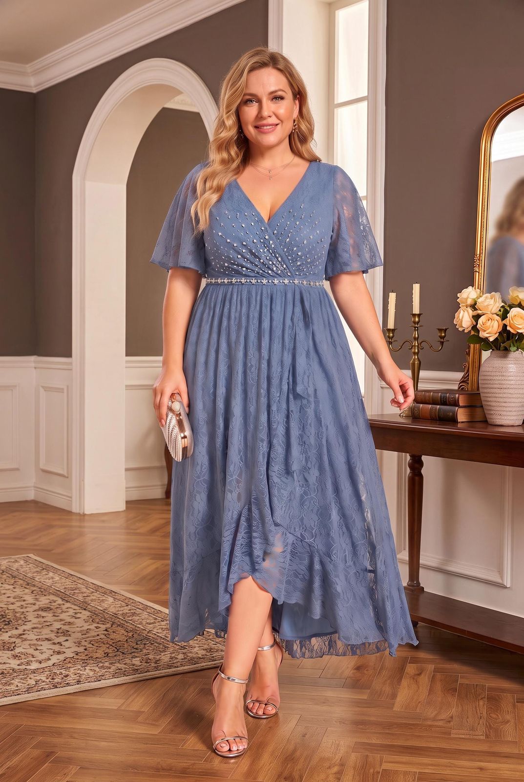 Blue Lace A-Line Dress with Flutter Sleeves — Grandmother of the Bride Outfits