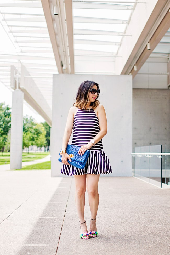 Summer Party Ready: Floral Embellished Heels with Striped Halter Dress Summer Party Ready: Floral Embellished Heels with Striped Halter Dress — Heels Outfits