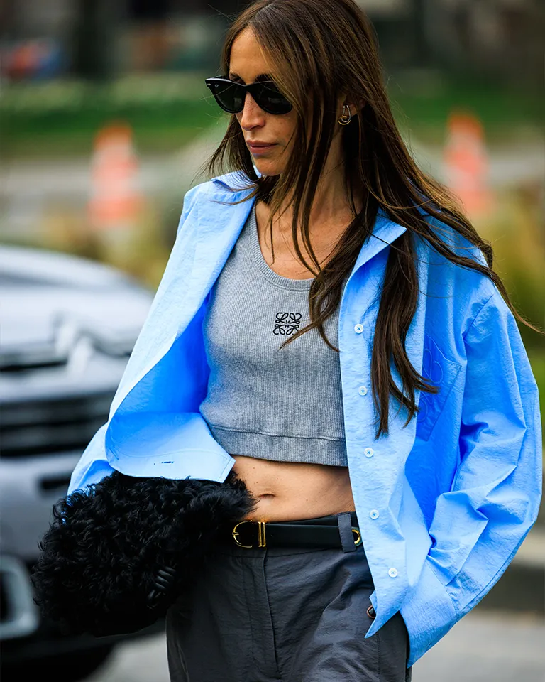 Grey Cropped Tank Top Under a Sheer Shirt with Wide-Leg Trousers — Tank Top Outfits