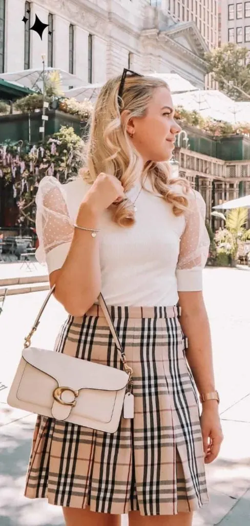 Beige Plaid Mini with Puff Sleeve Top and Platforms Beige Plaid Mini with Puff Sleeve Top and Platforms — Plaid Skirt Outfits