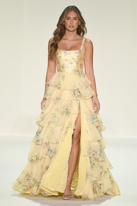 Pale Yellow Tiered Prom Dress with Floral Print and High Slit Pale Yellow Tiered Prom Dress with Floral Print and High Slit — Square Neck Dresses