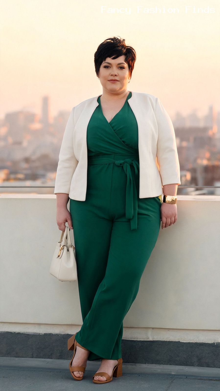 Green Wrap Jumpsuit with White Blazer for a Smart Date Green Wrap Jumpsuit with White Blazer for a Smart Date — Coffee Date Outfits