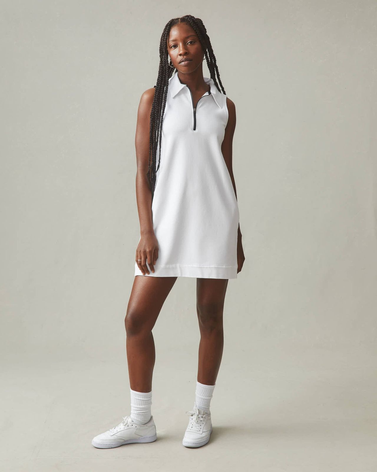 White Piqué Knit Polo Dress with Quarter-Zip — Tennis Dresses