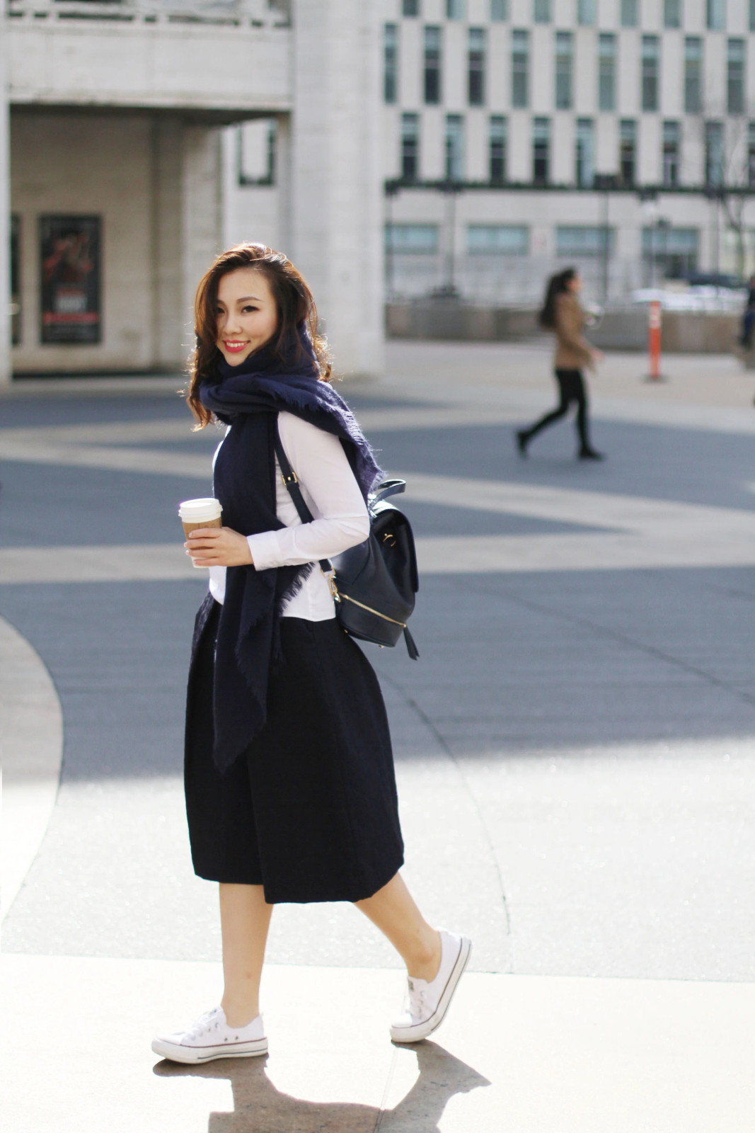 Everyday Chic: Navy Culottes, Scarf, and White Sneakers with a Navy Backpack — Backpack Outfits Women