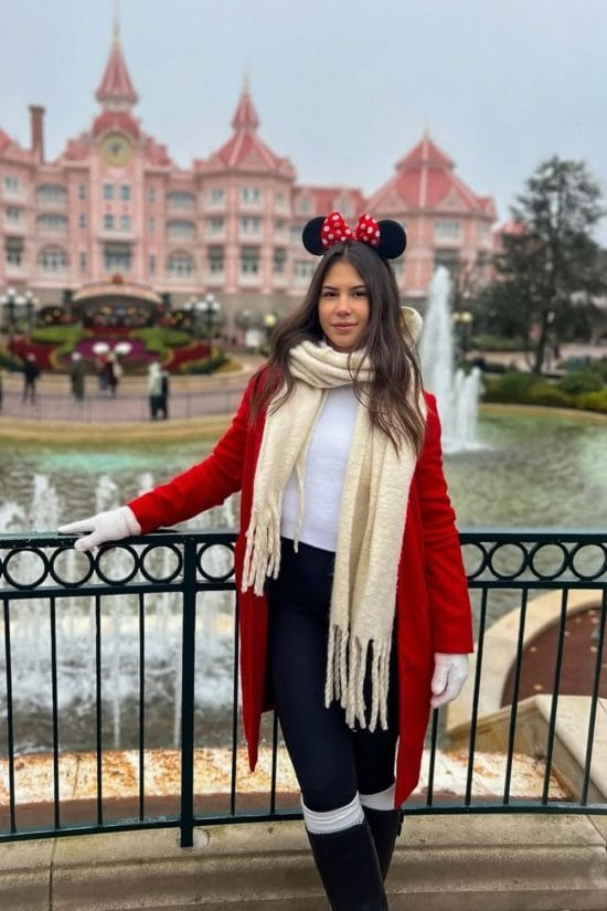 Chic Red Coat Ensemble with Themed Accessories — Theme Park Outfits