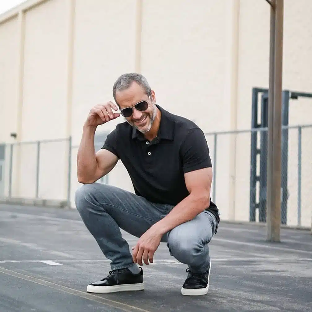 Black Polo Shirt with Grey Slim-Fit Jeans Black Polo Shirt with Grey Slim-Fit Jeans — Outfits for Men