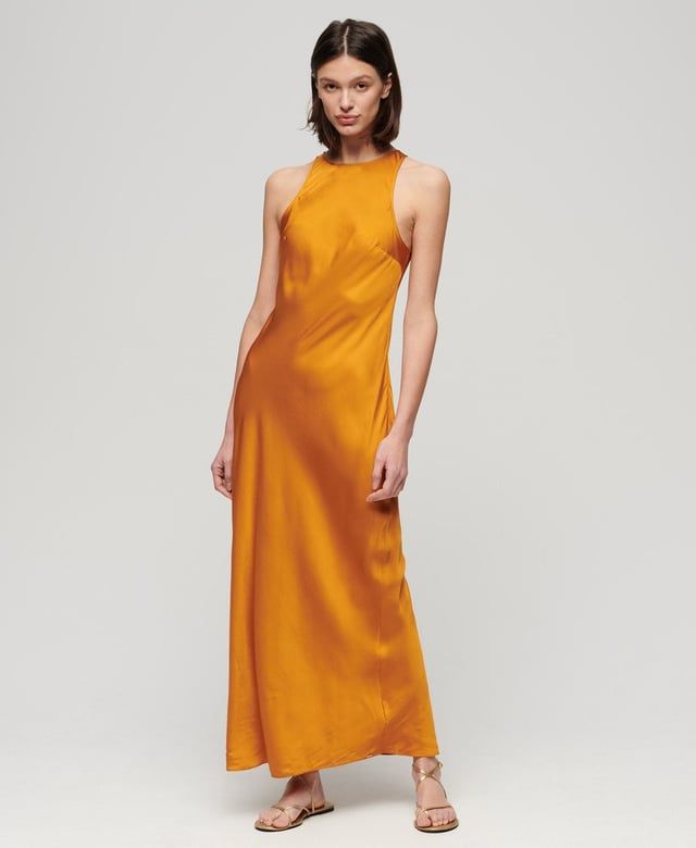 Elegant Ochre Satin Maxi Dress for Chic Evenings Elegant Ochre Satin Maxi Dress for Chic Evenings — Maxi Dress Outfits