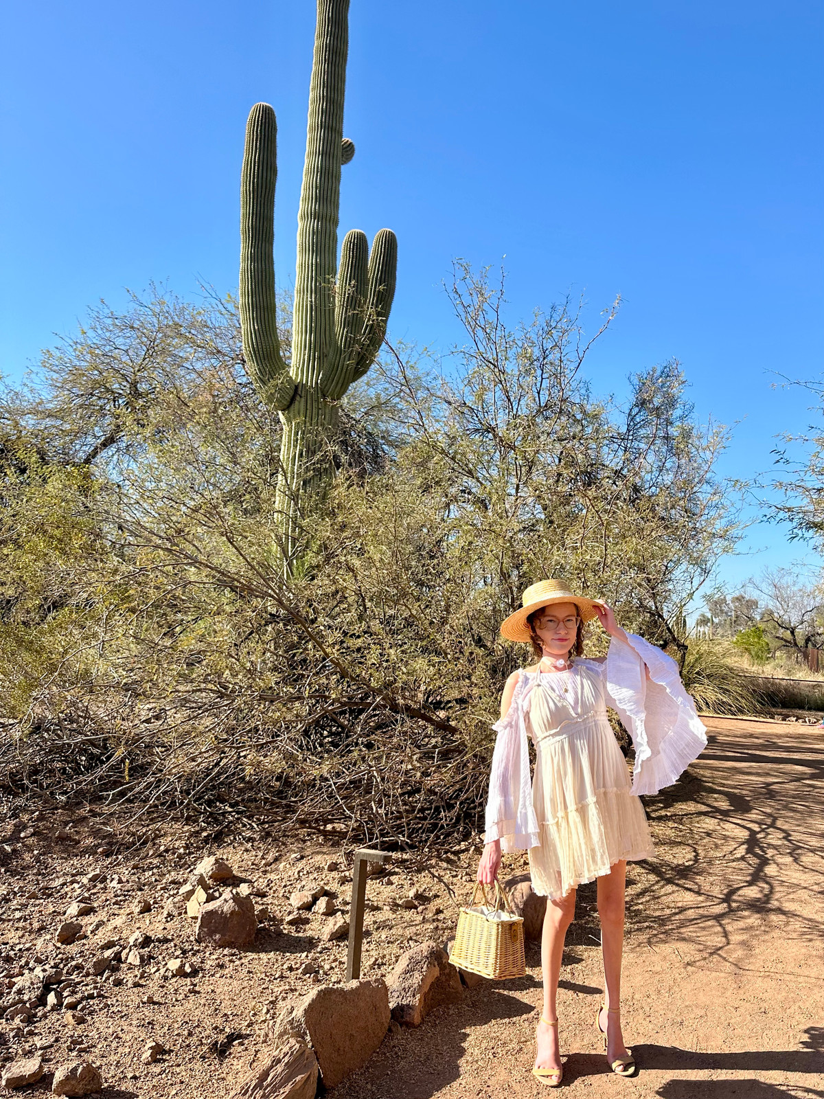Desert Romance: Tiered Off-White Dress and Straw Hat — Arizona Outfits