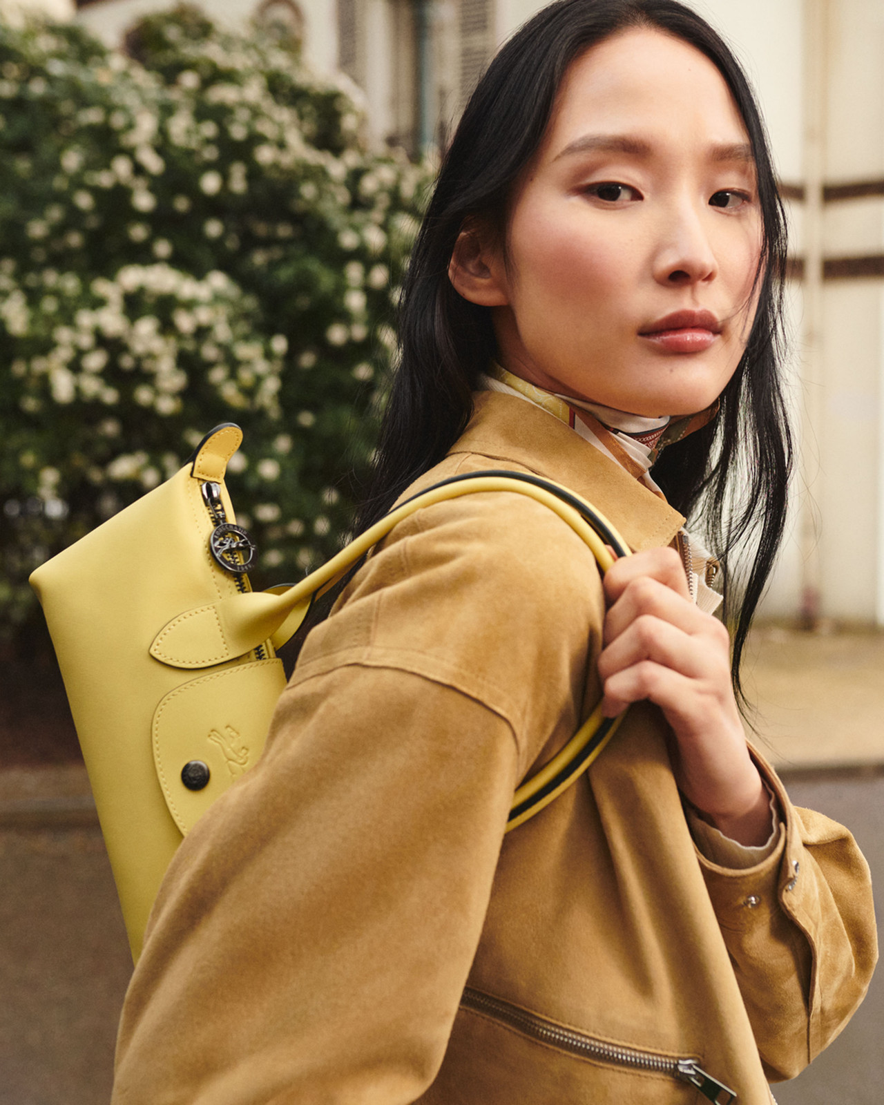 Elevated Casual: Yellow Leather Bag with Suede Jacket — Longchamp Bag Outfits