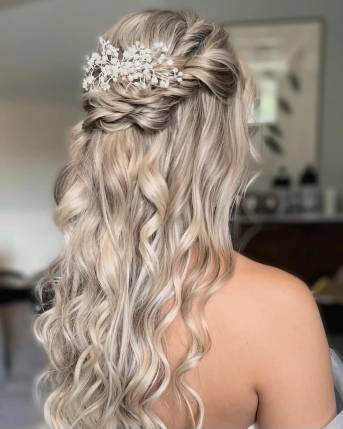 Ash Blonde Twisted Half-Up with Accessory — Wedding Hairstyles for Long Hair