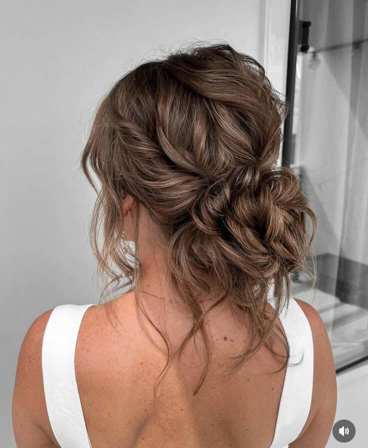 Messy Ash Brown Updo With Wispy Bangs Messy Ash Brown Updo With Wispy Bangs — Homecoming Updos