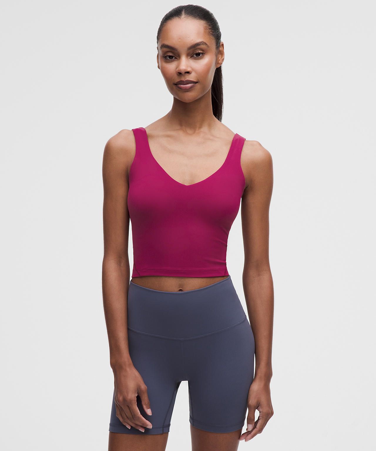Athletic V-Neck: Magenta Cropped Tank with Shorts — Tank Tops