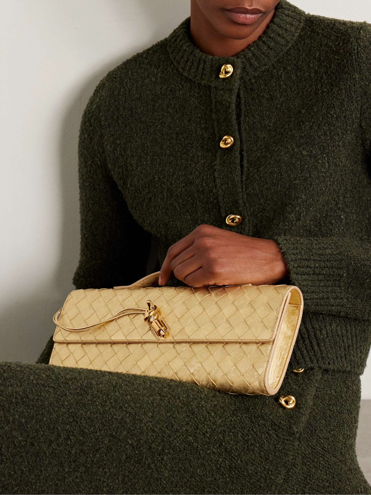 Elegant Evening Style: Gold Metallic Woven Clutch with a Knit Cardigan Elegant Evening Style: Gold Metallic Woven Clutch with a Knit Cardigan — Bottega Veneta Bag Outfits