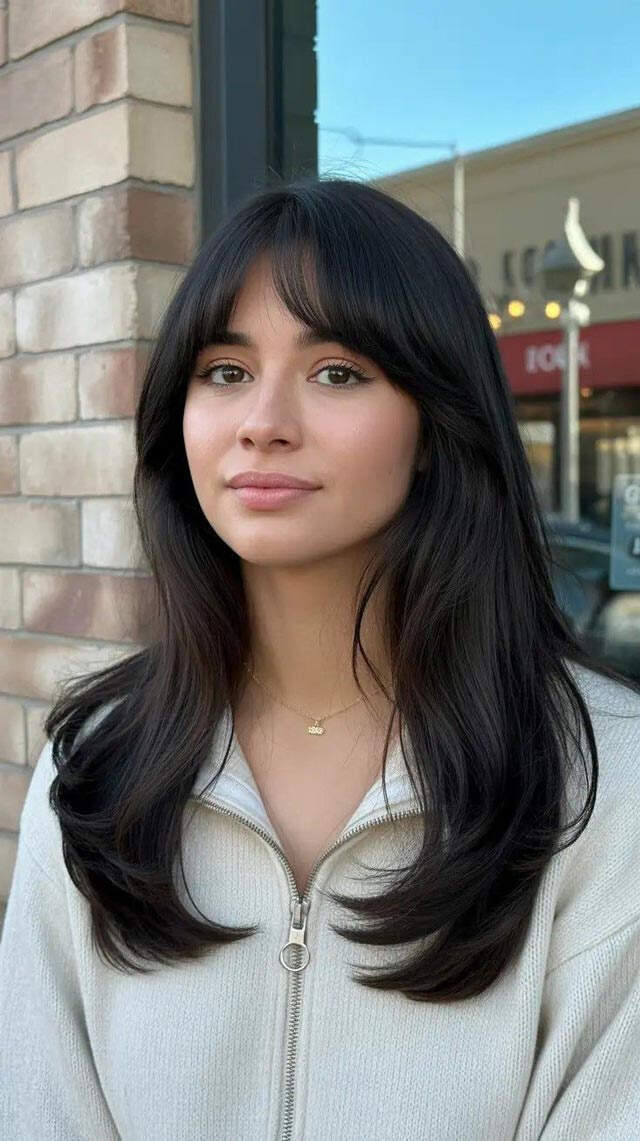 Relaxed Comfort: Layered Dark Hair with Bangs in a Hoodie — Bangs with Layers