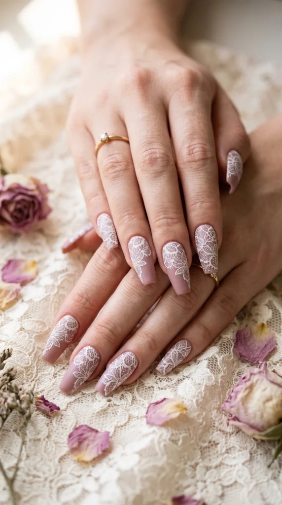 Dusty Rose Matte Lace Overlay Nails Dusty Rose Matte Lace Overlay Nails