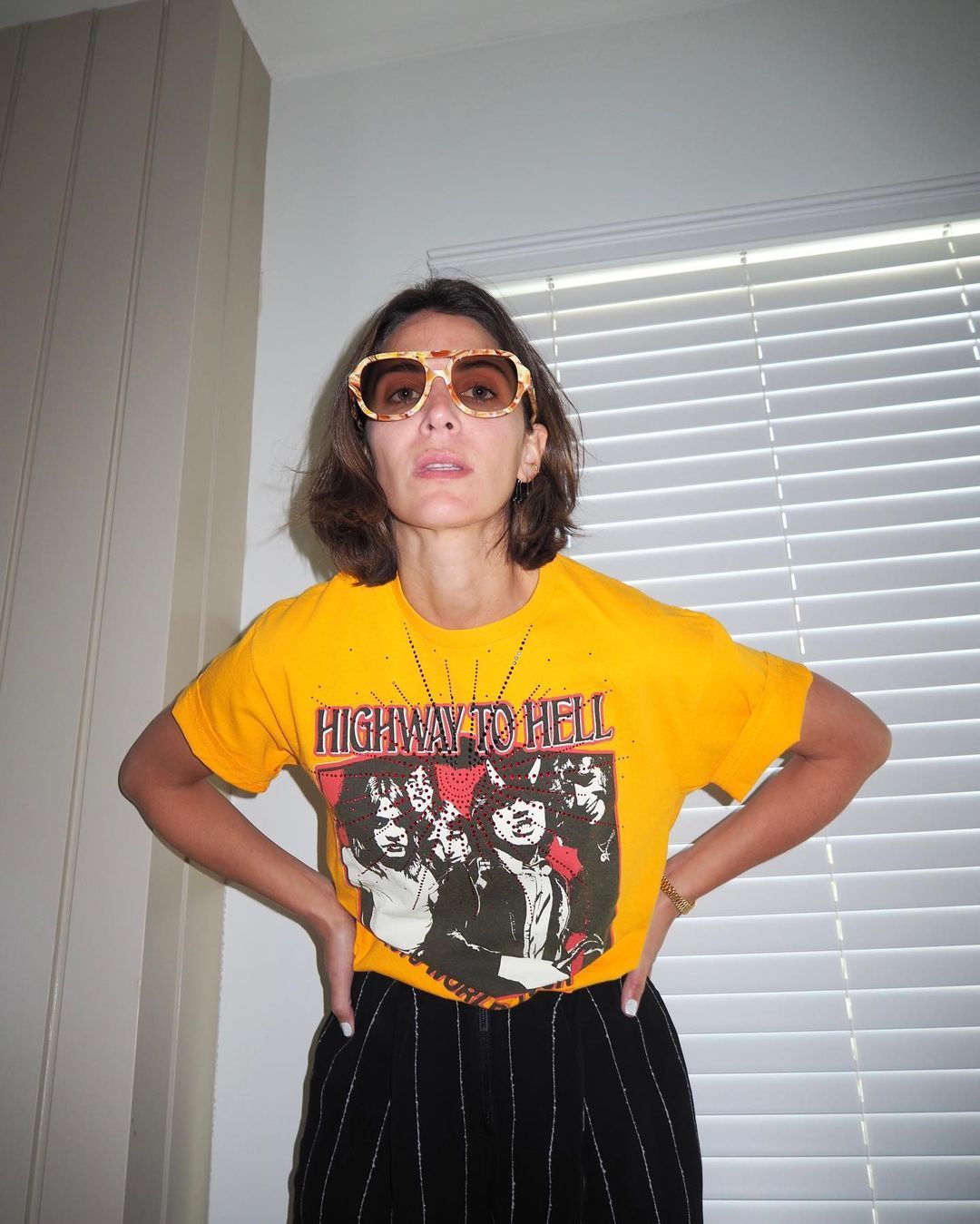 Statement Band Tee with Striped Trousers — Band Tee Outfits