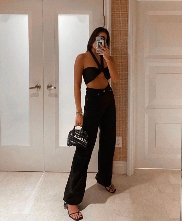 All-Black Halter Neck Crop Top and Wide-Leg Trousers — Vegas Club Outfits