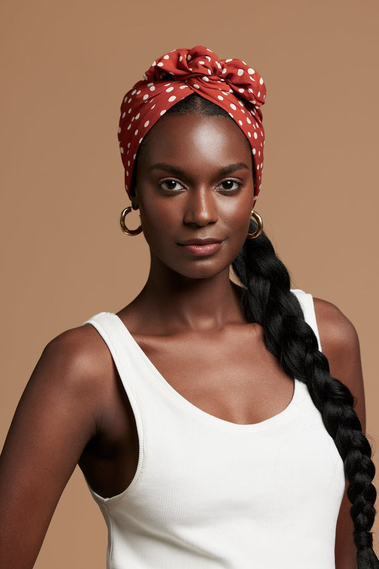 Rust Polka Dot Turban With Front Bow Detail Rust Polka Dot Turban With Front Bow Detail — Turban Styles