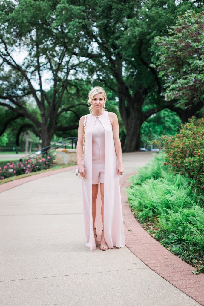Blush Pink Romper with Chiffon Cape Overlay — Garden Party Outfits
