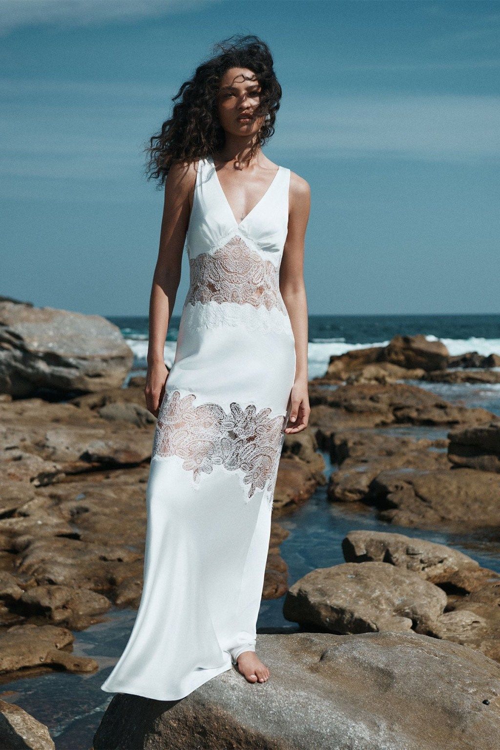 White Satin Slip Dress with Lace Inserts for Beach Shower White Satin Slip Dress with Lace Inserts for Beach Shower — Bridal Shower Dresses