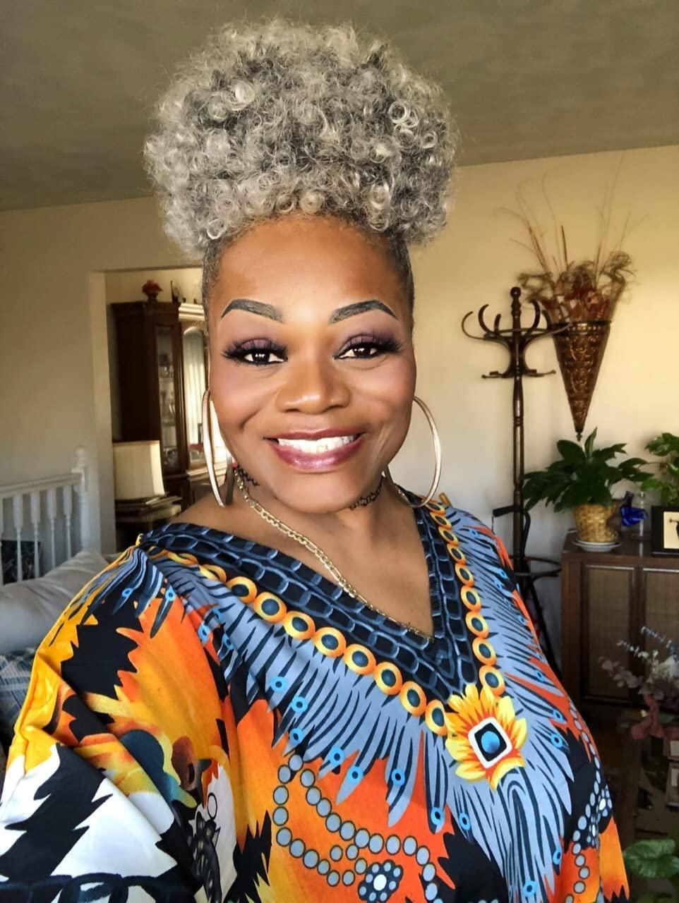 Fine Curly Grey Puff Bun — High Puff