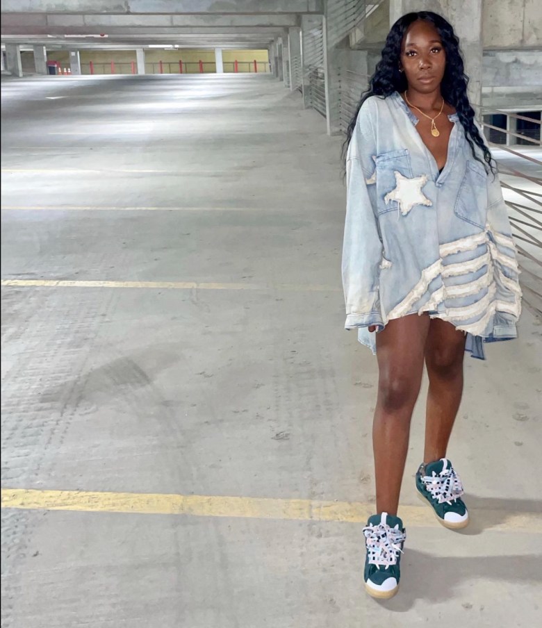 Distressed Denim Shirt Dress with Star Detail and Chunky Sneakers Distressed Denim Shirt Dress with Star Detail and Chunky Sneakers — Chunky Sneakers Outfits
