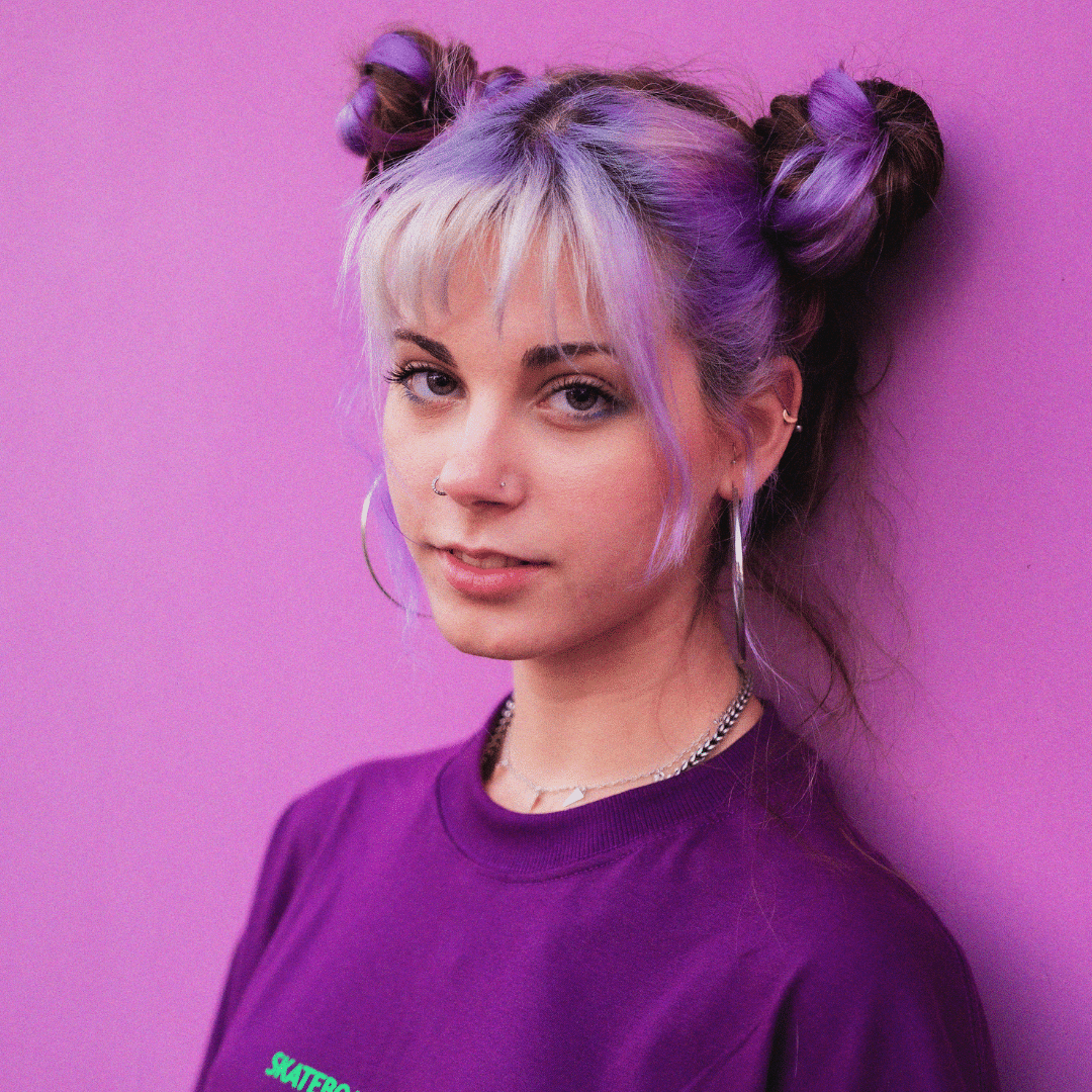 Blonde Double Buns With Purple Streaks Blonde Double Buns With Purple Streaks — Cute Hairstyles