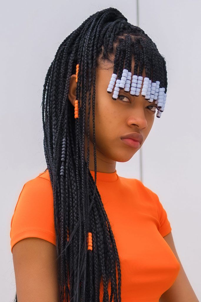 Box Braids with Short Bangs and Beads Box Braids with Short Bangs and Beads — Protective Hairstyles