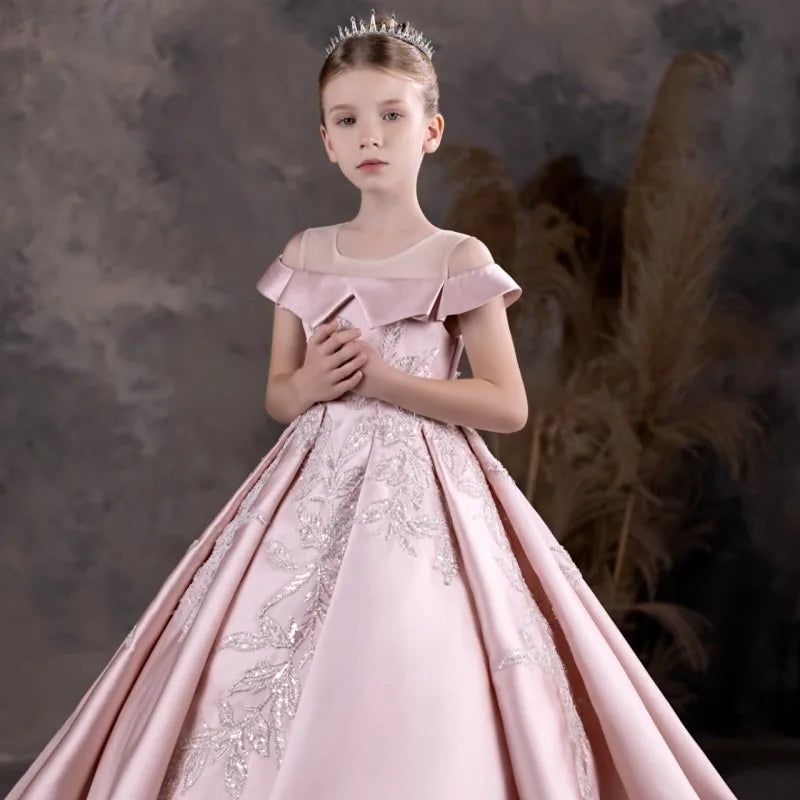 Pink Off-the-Shoulder Ball Gown with Silver Embroidery Pink Off-the-Shoulder Ball Gown with Silver Embroidery — Flower Girl Dresses