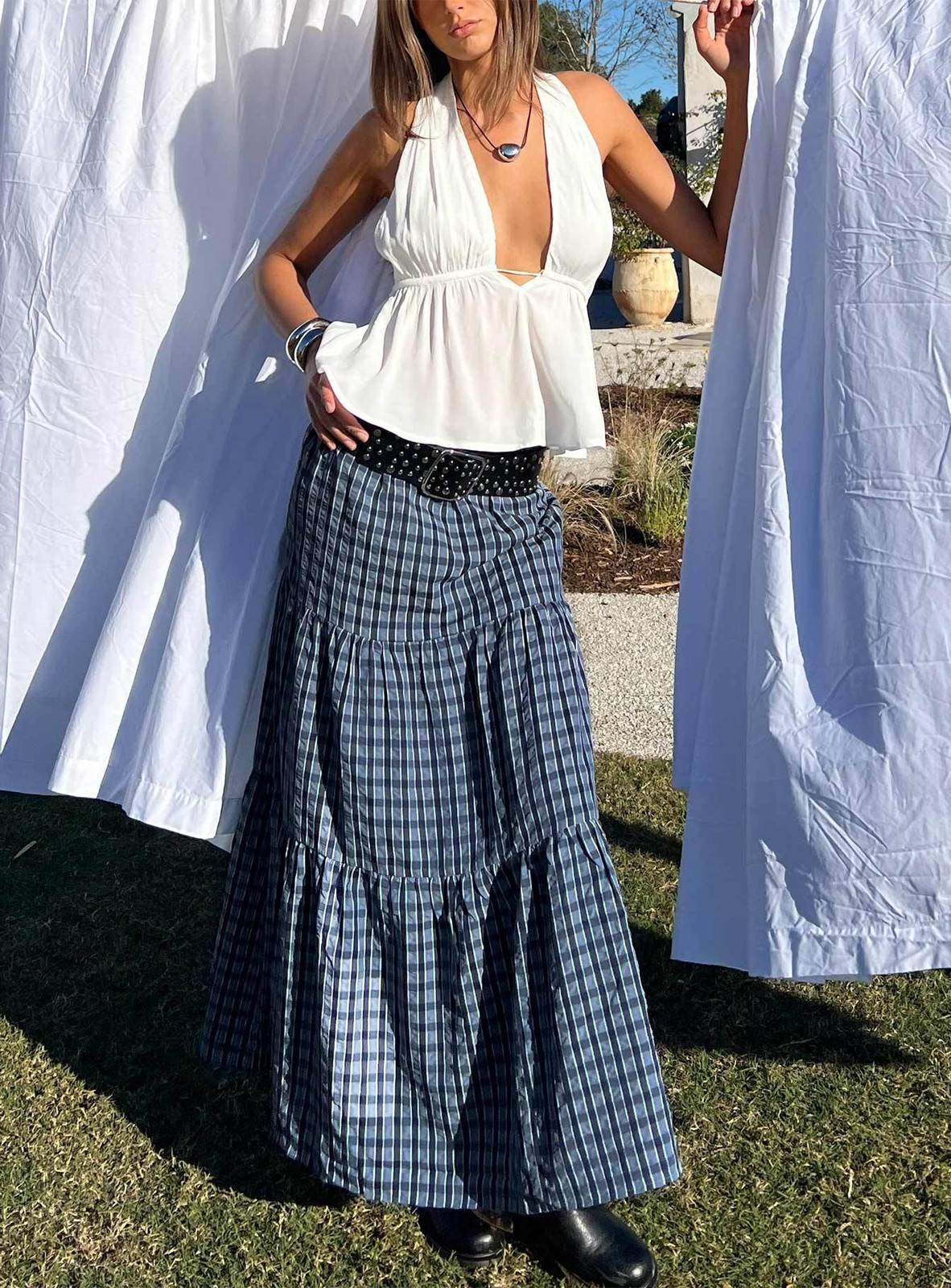 Blue Plaid Tiered Maxi Skirt with Edgy Belt and Boots Blue Plaid Tiered Maxi Skirt with Edgy Belt and Boots — Tiered Skirt Outfits