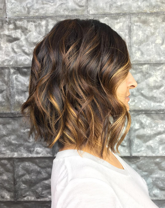 Chin-Length Angled Bob With Warm Balayage Chin-Length Angled Bob With Warm Balayage