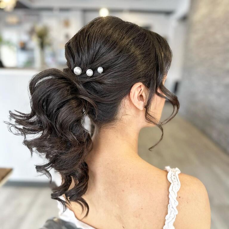 Dark Brown Ponytail With Pearls — Curly Ponytail