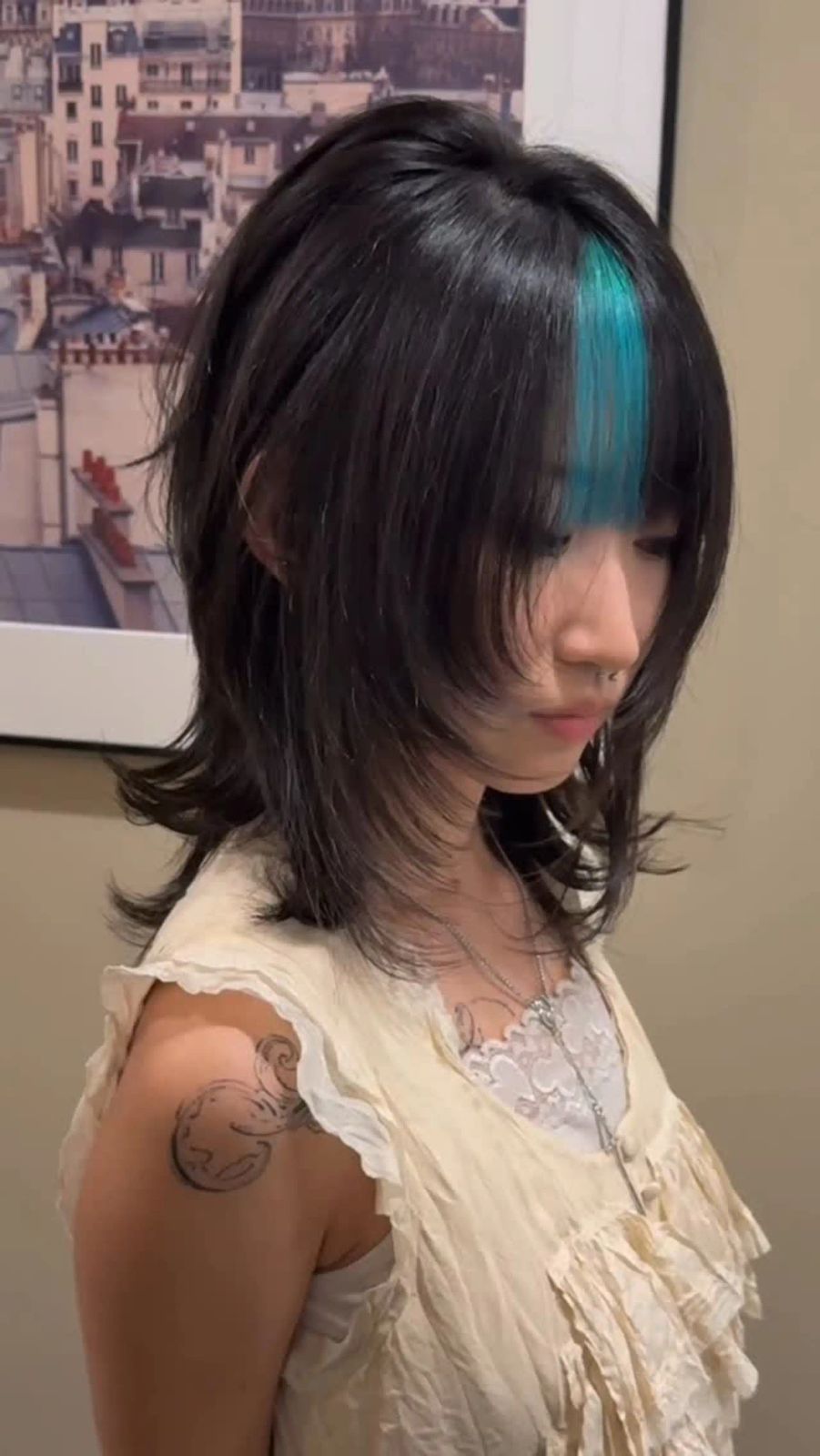 Wolf Cut With Blue Streak Accent — Wolf Cut Medium Hair