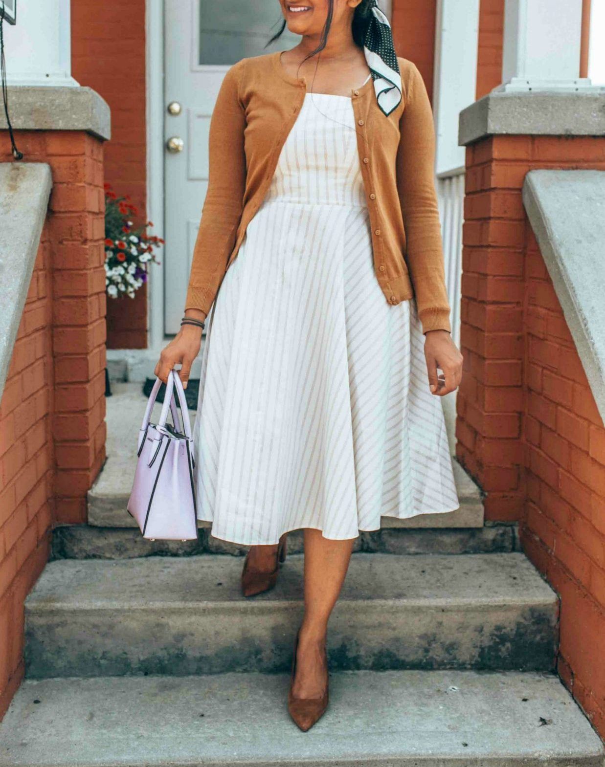 Striped Fit and Flare Midi with Cardigan Layer Striped Fit and Flare Midi with Cardigan Layer — Fit and Flare Dresses