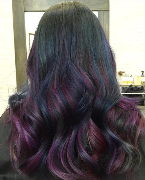 Blue and Purple Highlights on Wavy Black Hair Blue and Purple Highlights on Wavy Black Hair — Purple Highlights on Black Hair