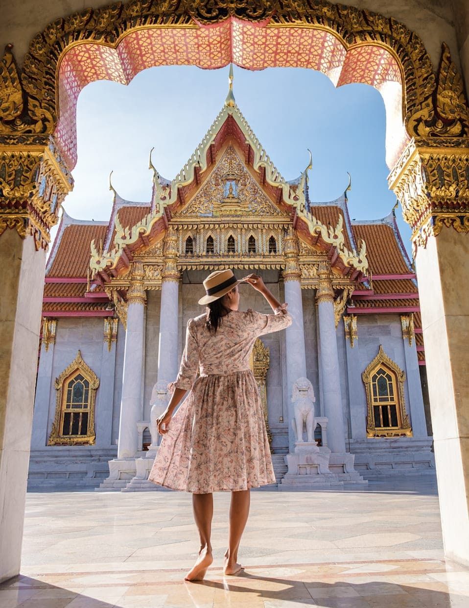 Floral Fit-and-Flare Dress for Temple Visits — Thailand Outfits