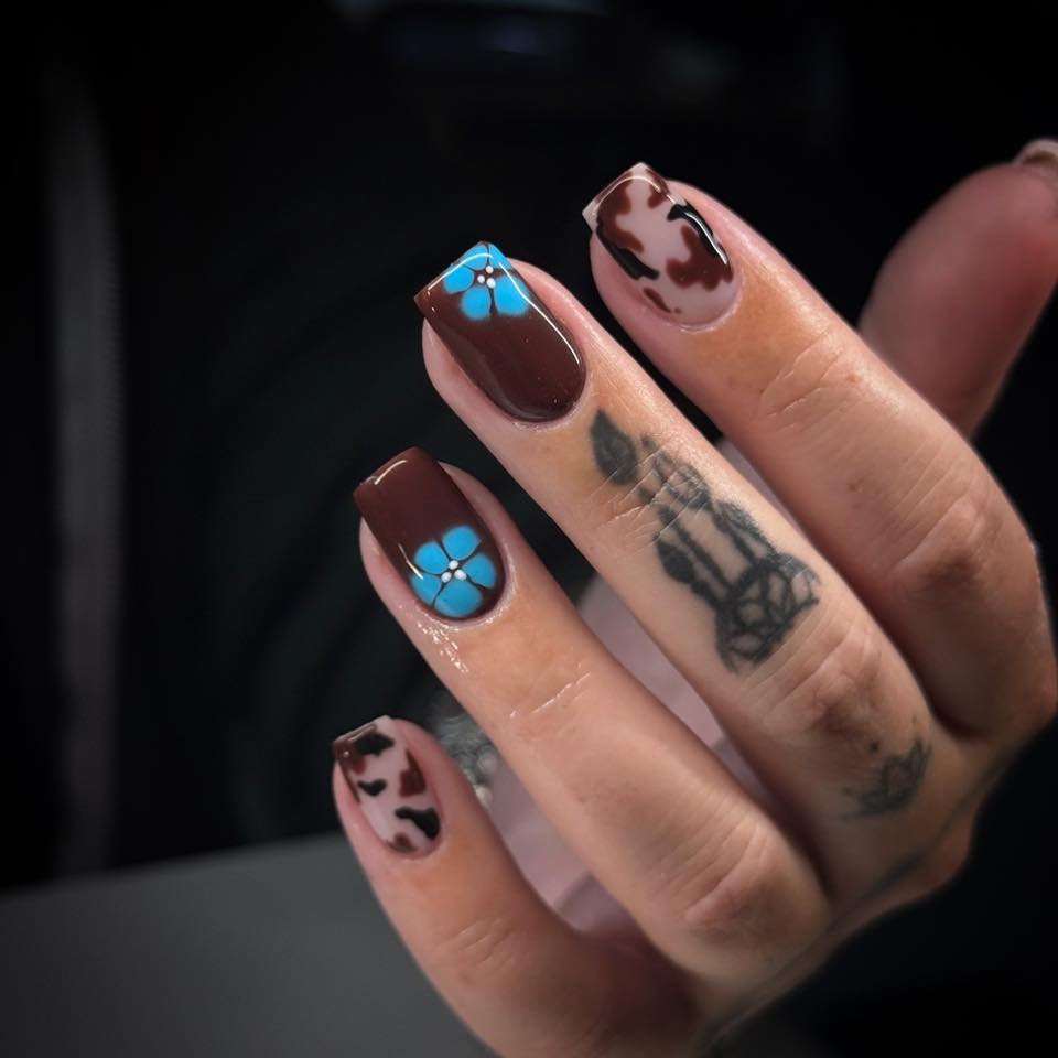 Short Square Cow Print and Blue Flowers — Western Nails