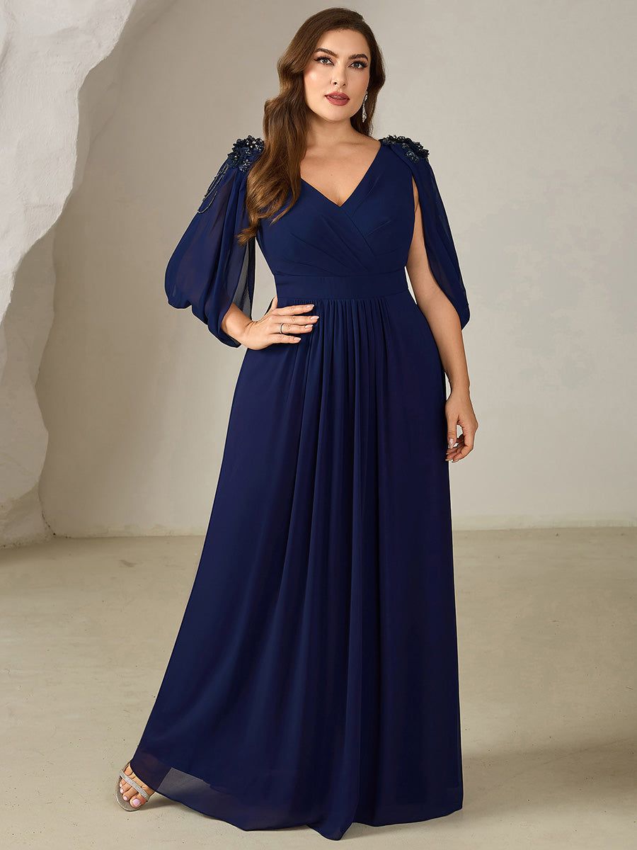 Navy Blue Chiffon Formal Dress with Draped Cape Sleeves — Chiffon Dresses