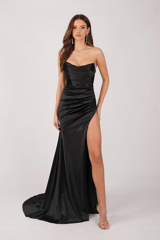 Strapless Satin Gown with Sweetheart Neckline and High Slit — Black Tie Dresses
