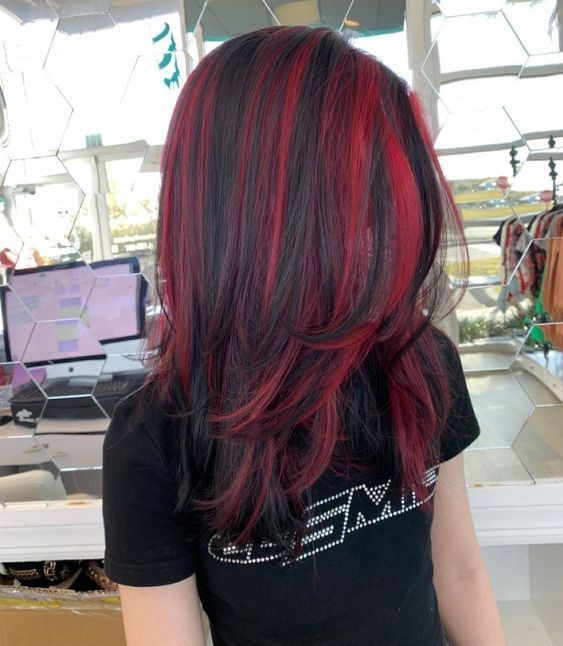 Vibrant Red Streaks on Layered Collarbone Hair Vibrant Red Streaks on Layered Collarbone Hair — Red Highlights on Black Hair