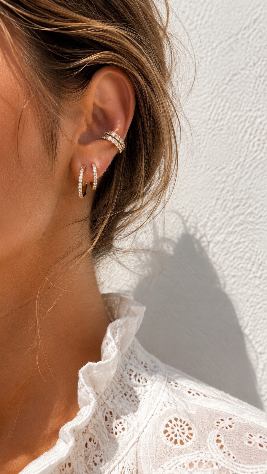 Sparkling Diamond Ear Cuff with Small Gold Hoops Sparkling Diamond Ear Cuff with Small Gold Hoops — Ear Stack Ideas