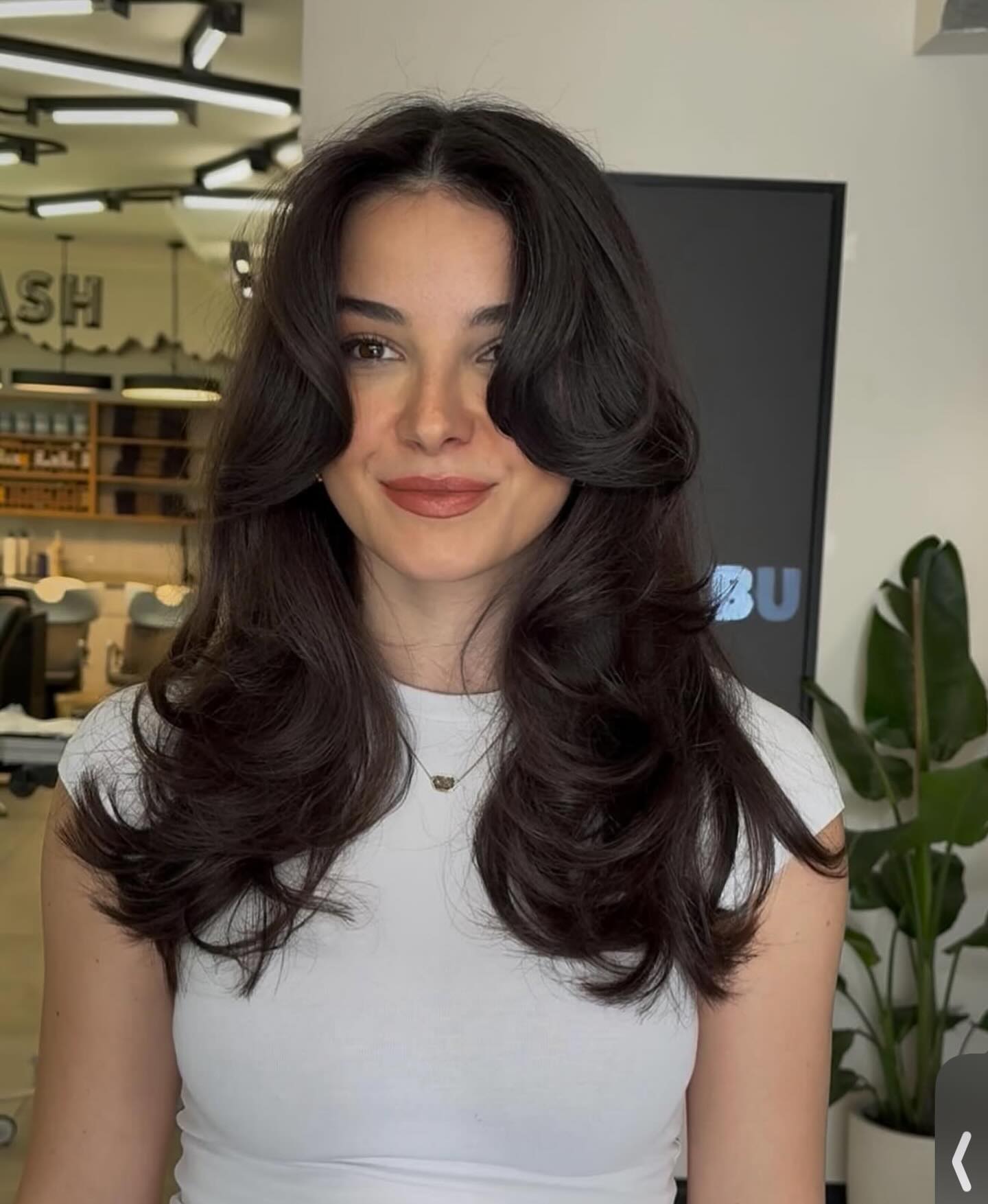 Dark Brown Loose Waves and Face-Framing Layers — Long Layered Hair with Curtain Bangs