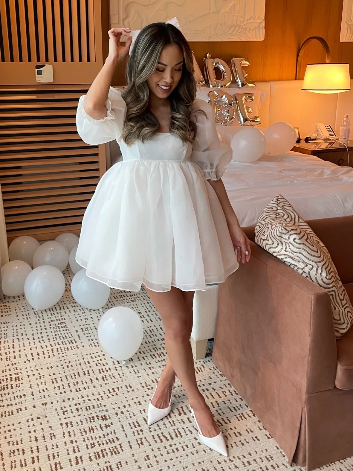 White Babydoll Mini Dress with Puffy Organza Sleeves White Babydoll Mini Dress with Puffy Organza Sleeves — Bachelorette Dresses