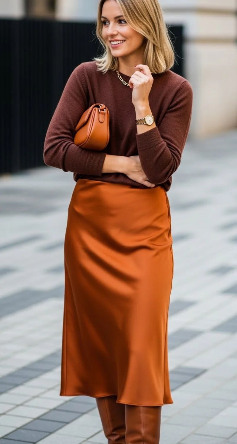 Burnt Orange Satin Skirt with Brown Knit and Knee-High Boots Burnt Orange Satin Skirt with Brown Knit and Knee-High Boots — Satin Skirt Outfits
