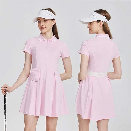 Pink Collared Golf Dress with Pleated Skirt and Pocket — Golf Tournament Outfits