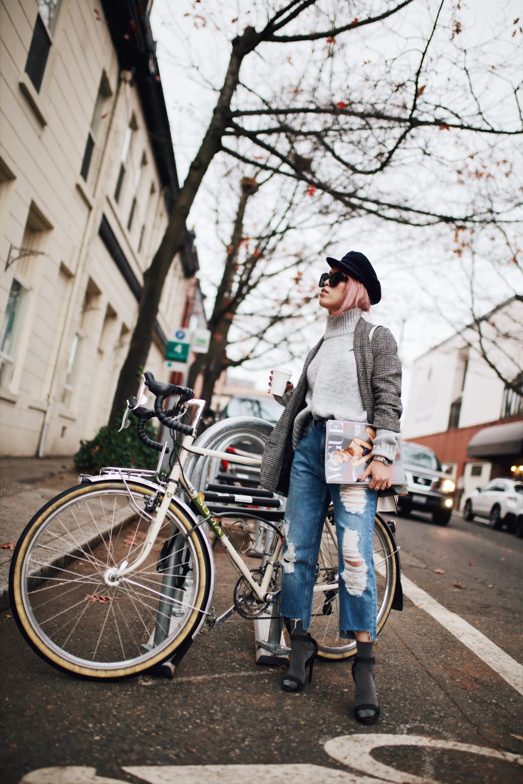 Grey Sock Boots with Patterned Jacket and Distressed Jeans Grey Sock Boots with Patterned Jacket and Distressed Jeans — Socks with Heels Outfits