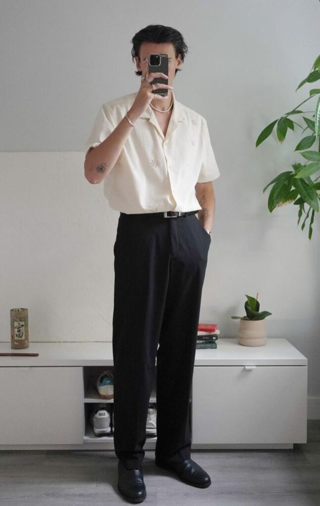 Embroidered Camp Collar Shirt and Tailored Trousers for Summer Casual Embroidered Camp Collar Shirt and Tailored Trousers for Summer Casual — Old Money Outfits for Men