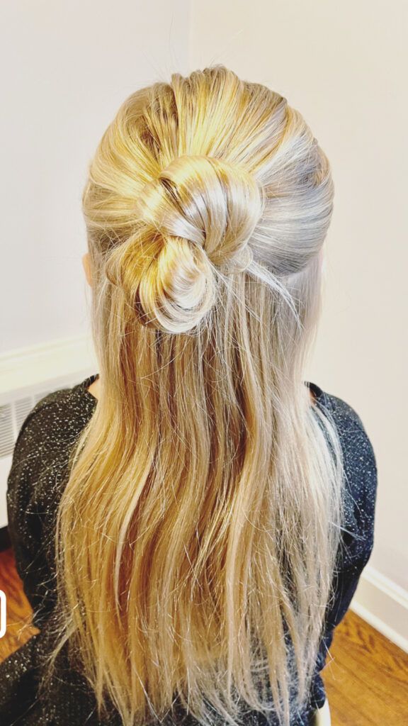 Blonde Half-Up Bun Straight Hair — Travel Hairstyles