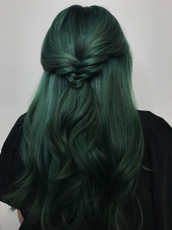 Half-Up Braid Forest Green Mid-Back Waves — Forest Green Hair