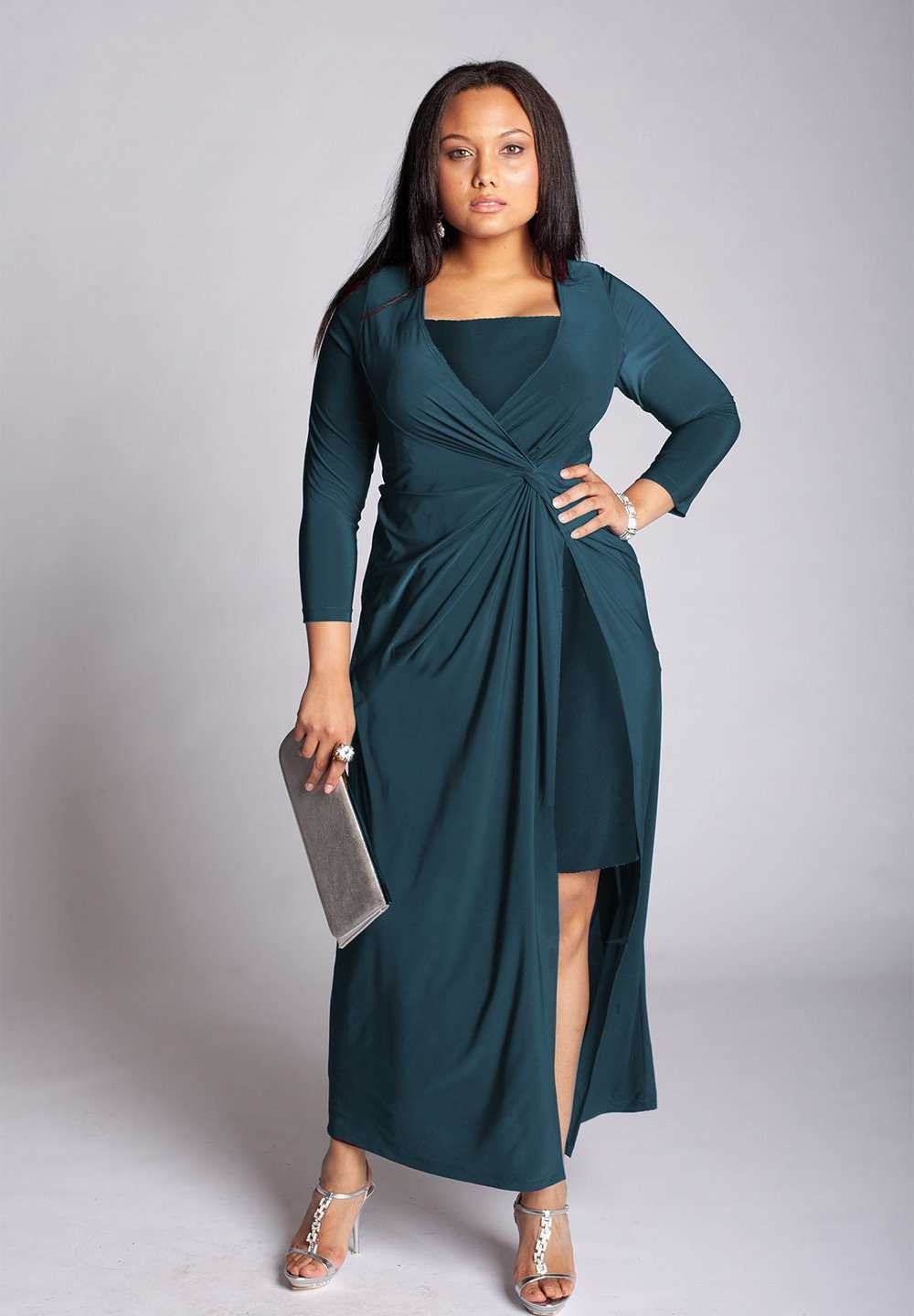Deep Teal Wrap Dress with Draped Front — Plus Size Dresses